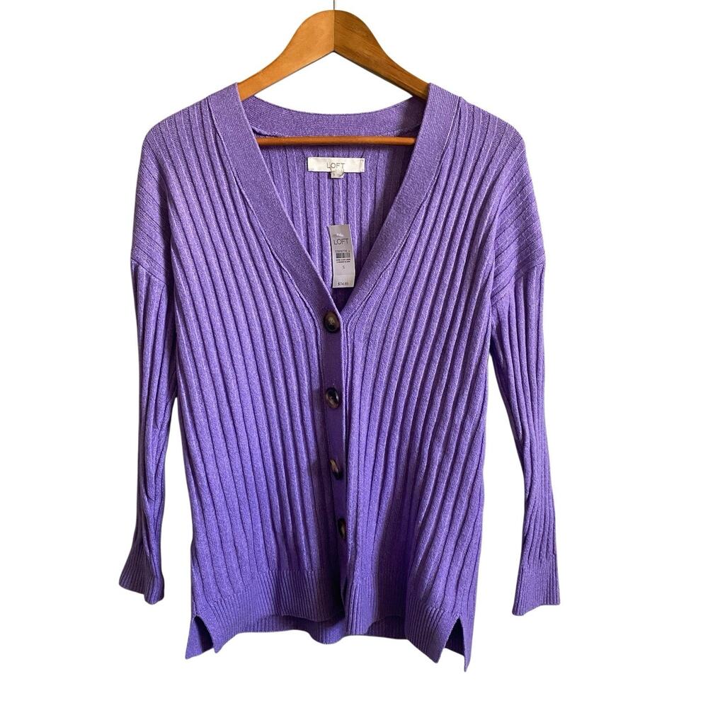LOFT Purple Ribbed Knit V-Neck Button Cardigan Sweater Small NWT Casual Basic